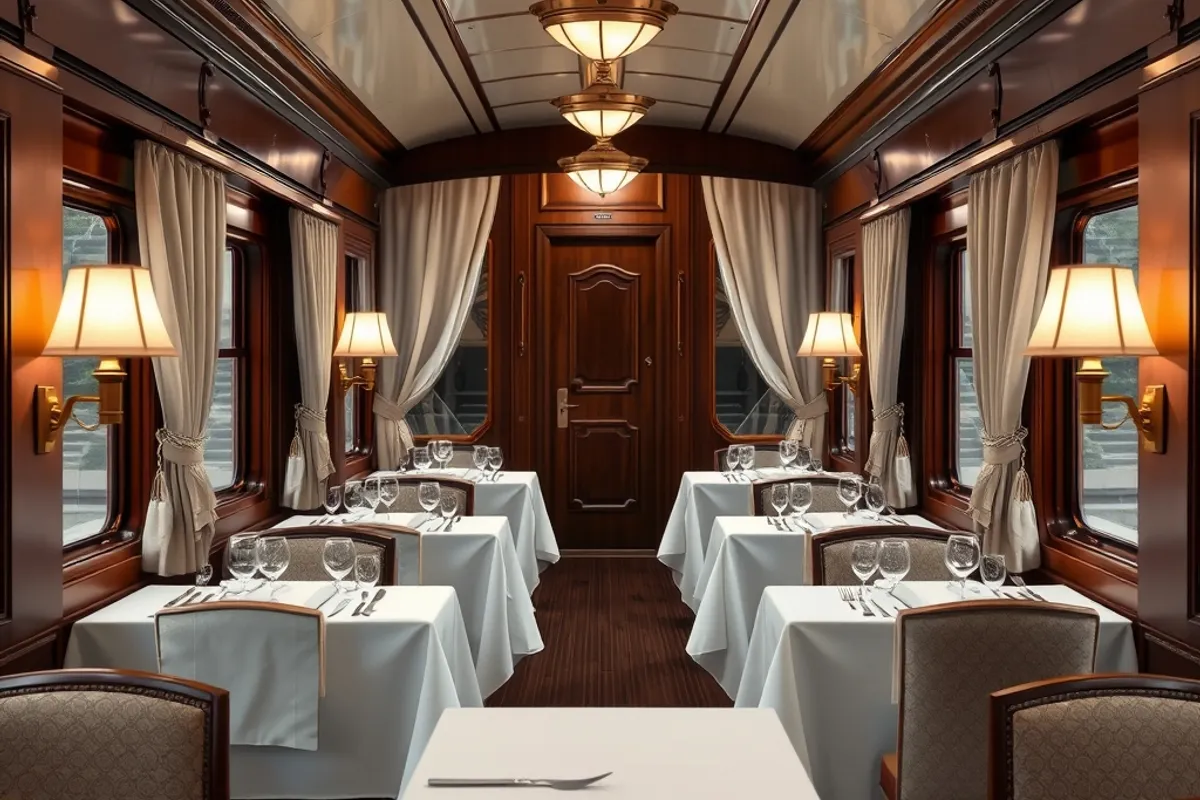 A dining car with linen and low lamps turns a night into an occasion.